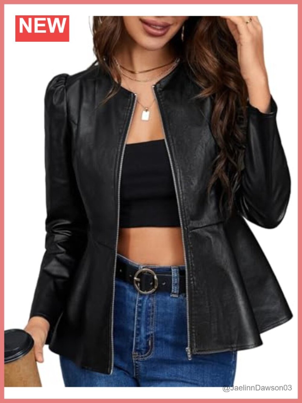 Faux Leather Peplum Jacket Zip Up Puff Sleeve Crop Coat
